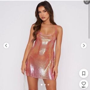 White Fox Boutique Iridescent Chain Cowl Neck Slip Mini Dress